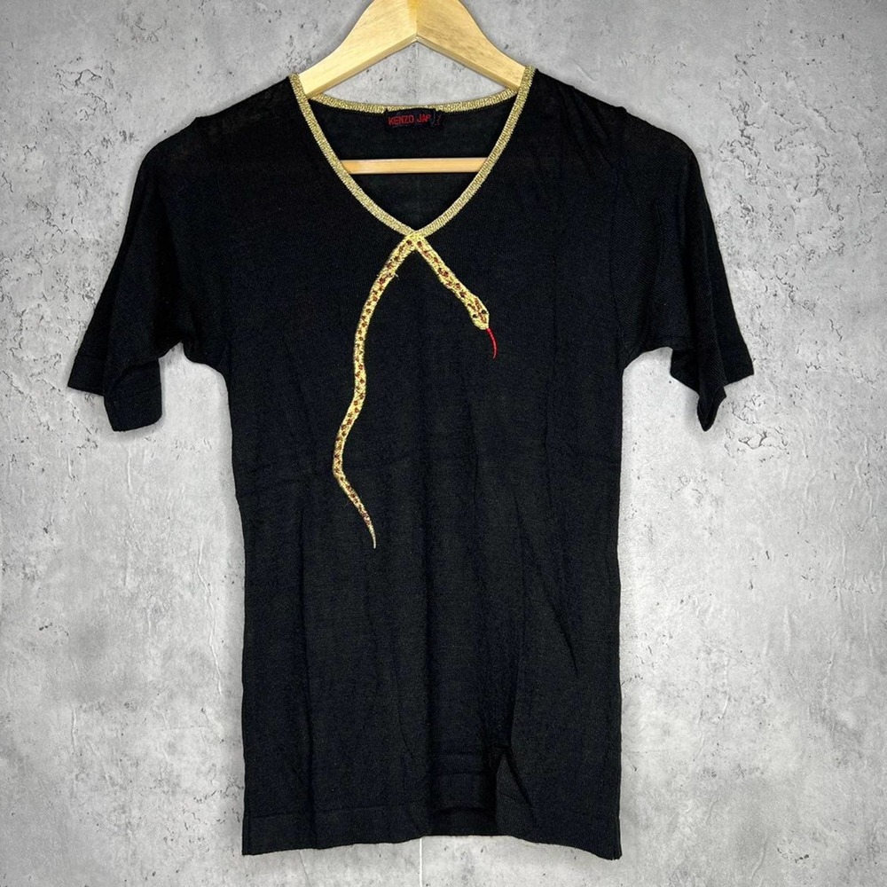 Rare Vintage Kenzo Japan Embroidered Gold Snake Black Knit Shirt